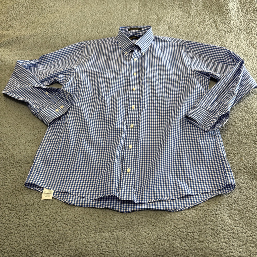 Allen Edmonds Shirt Mens XL Blue White Gingham Check Wrinkle Free Cotton Button
